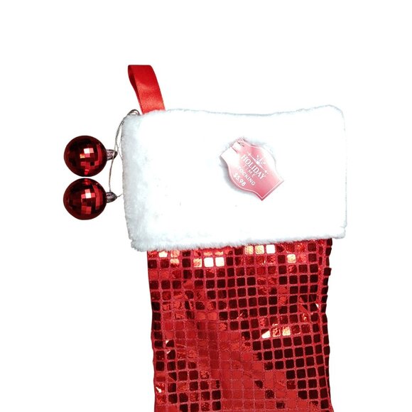 Holiday Time 19 inch Red and White Disco Bling Christmas Stocking With Ornaments - Picture 2 of 4
